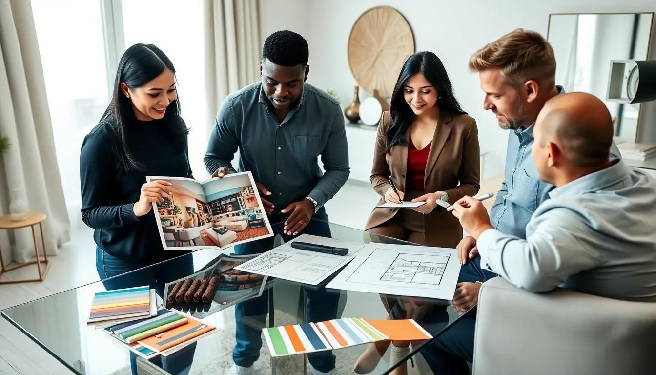 diverse group discussing interior design concepts in a modern office.