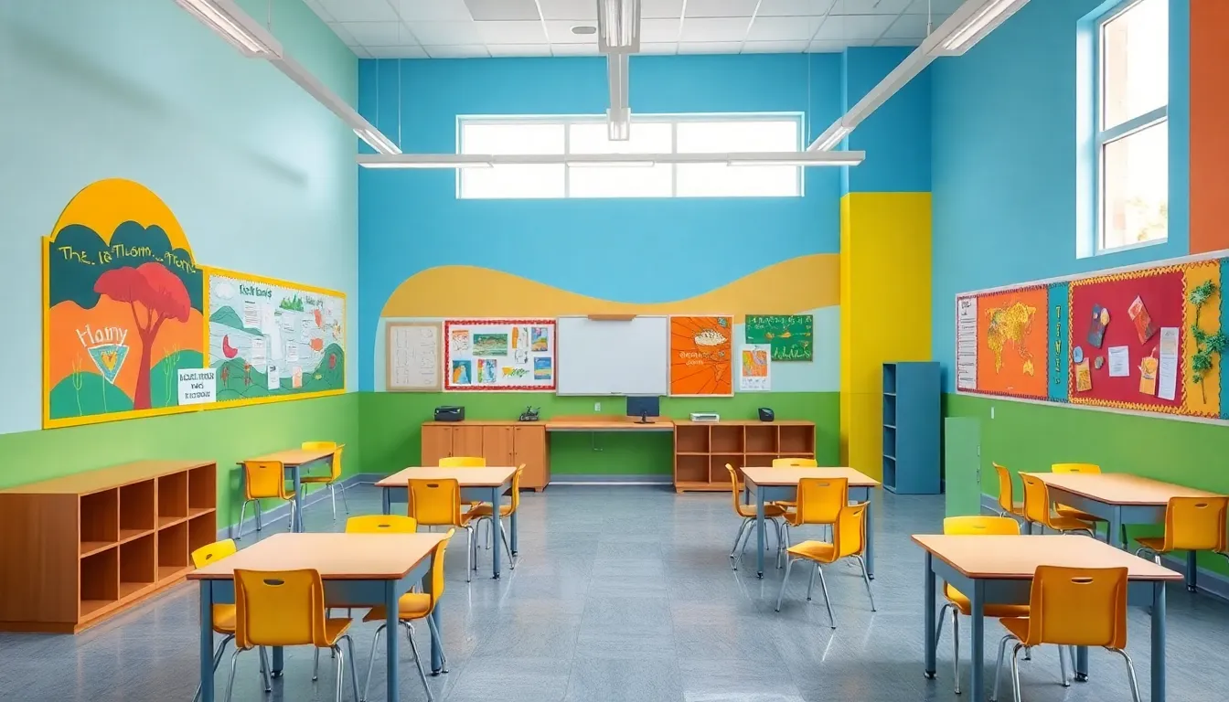 vibrant classroom filled with student artwork and colorful decorations.