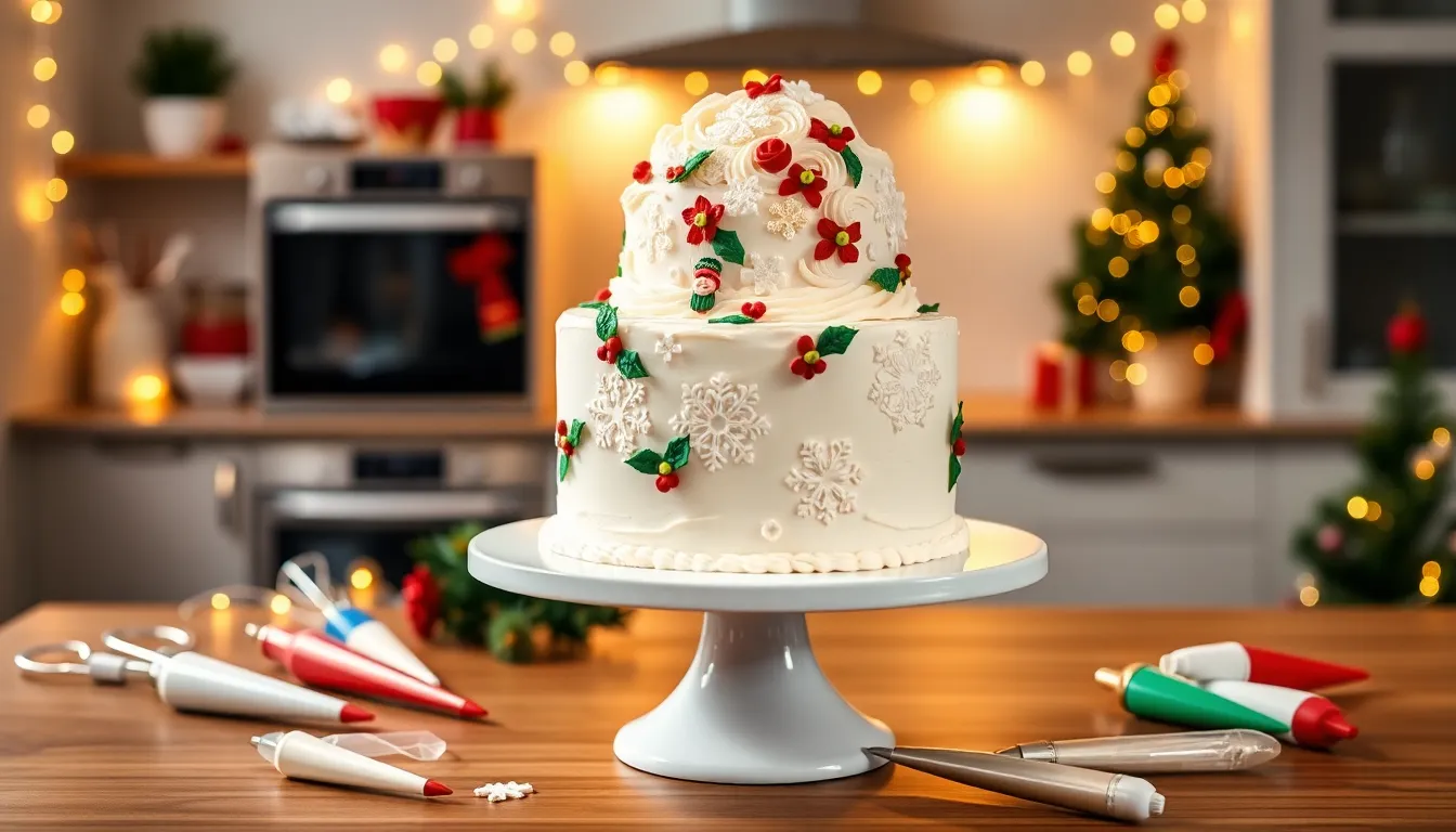 A decorated Christmas cake with royal icing and fondant details.