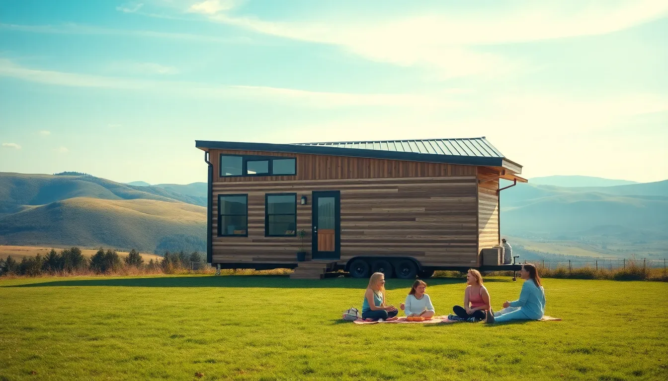 family enjoying a picnic by a modern tiny home on spacious land.