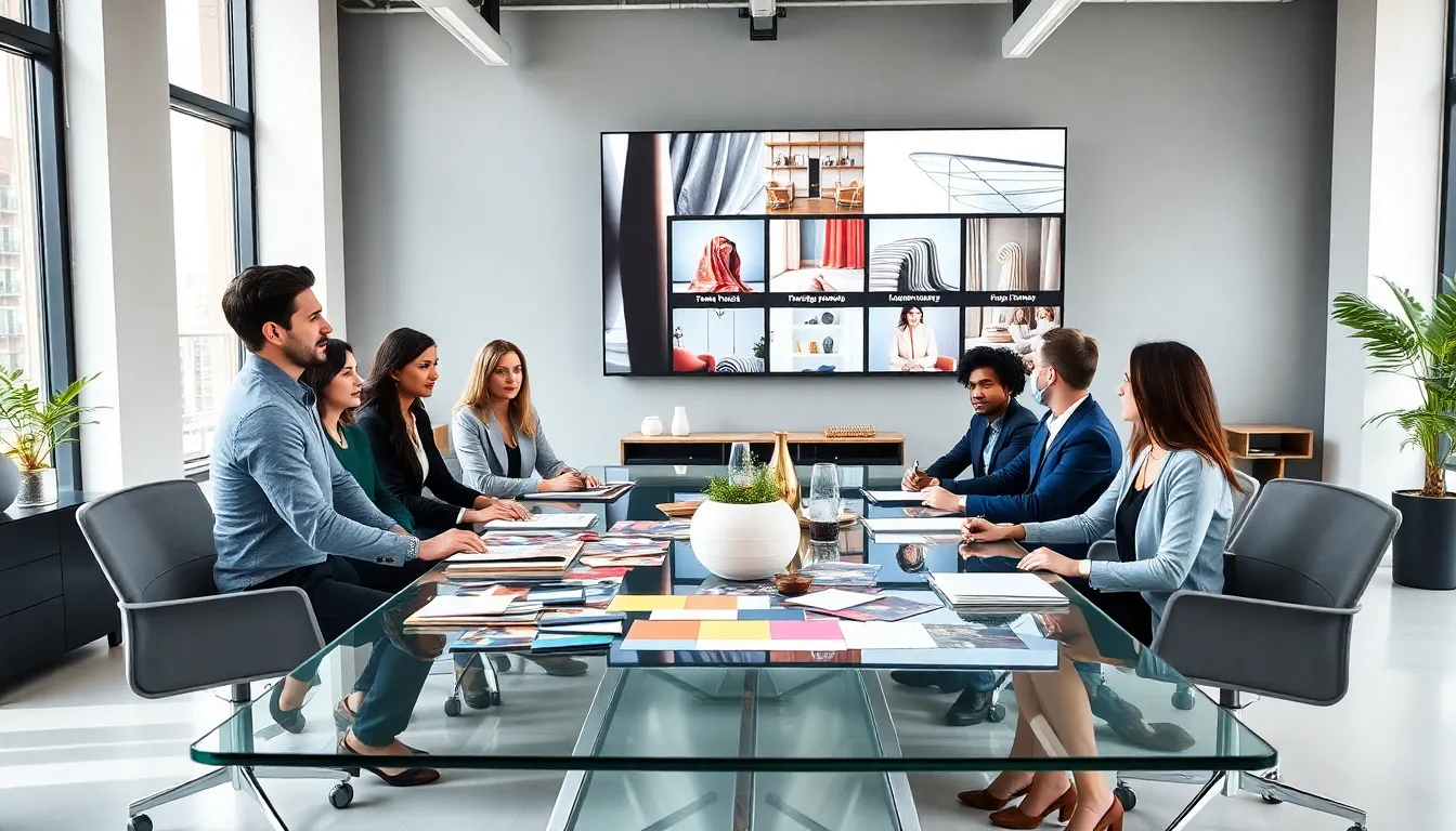 diverse designers collaborating on interior design trends in a modern studio.