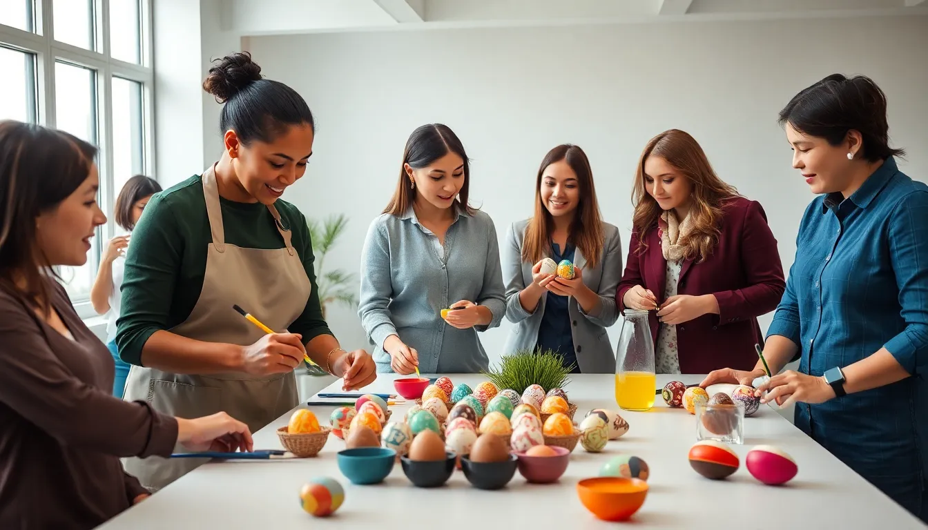 diverse group decorating eggs in a modern competition setting.