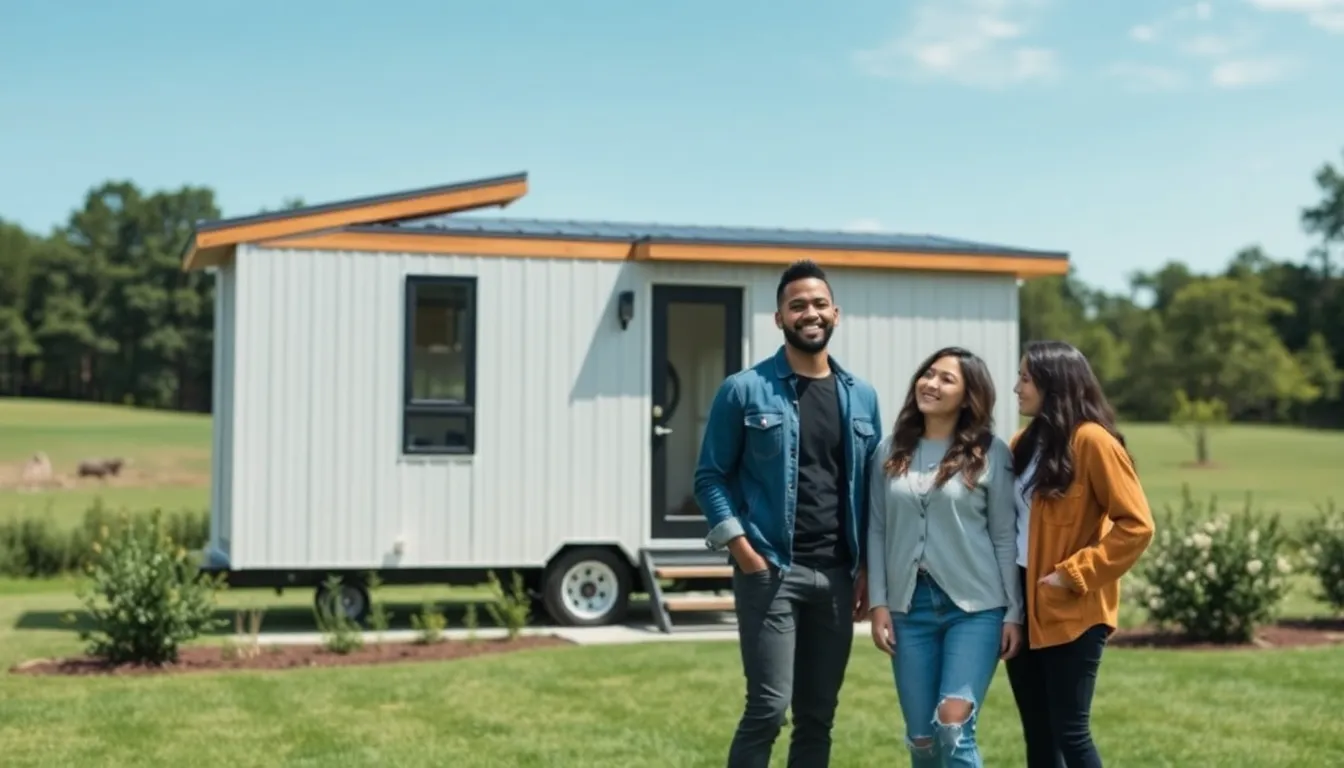 diverse group admiring a modern tiny home in a green setting.