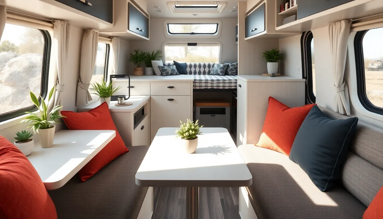 stylish interior of a small RV with multifunctional furniture.