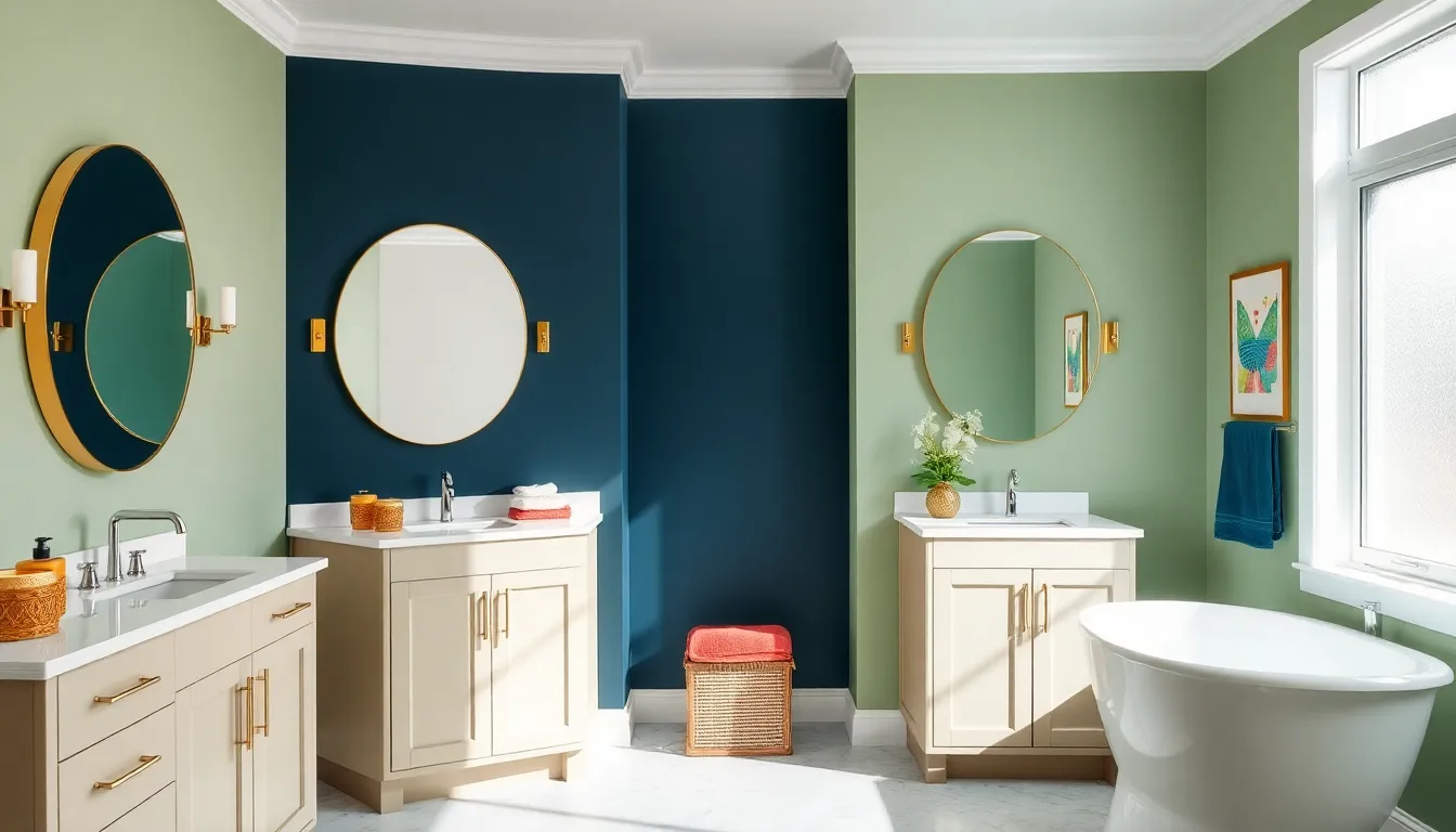modern bathroom with soft greens, navy accents, and elegant decor.