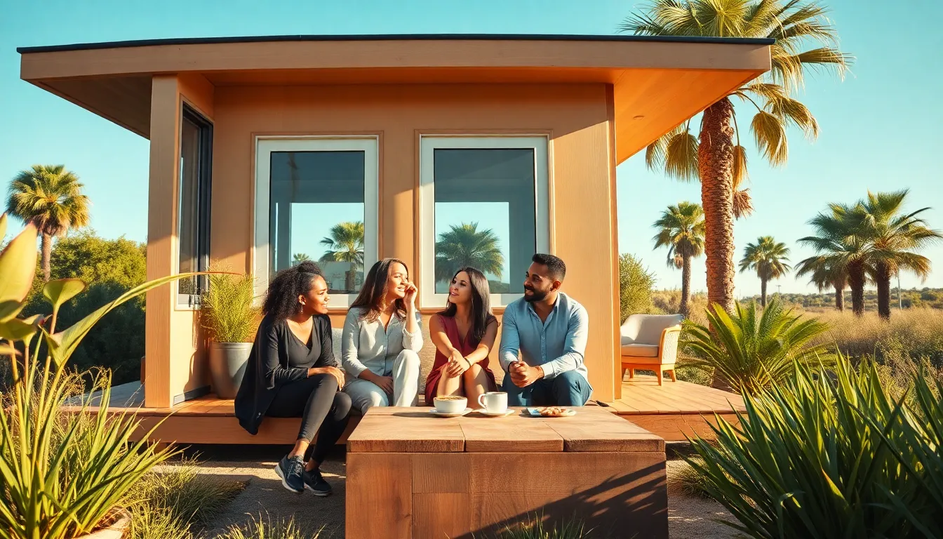 Diverse group discusses in front of a modern tiny home in California.