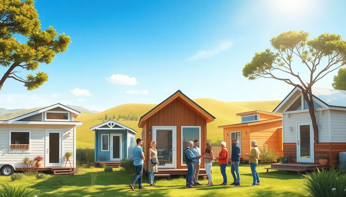 a collection of stylish tiny homes in a sunny California landscape.