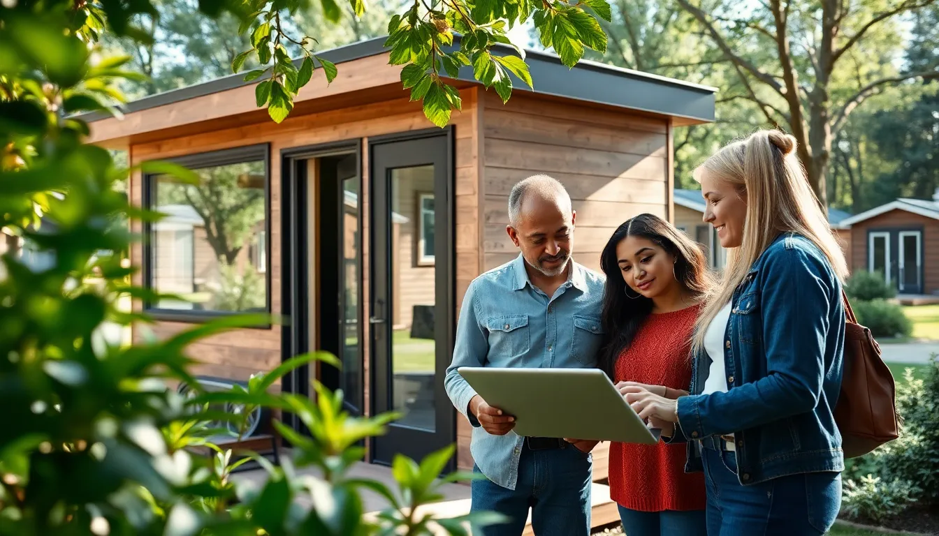 diverse team discussing plans by a tiny home in a community setting.