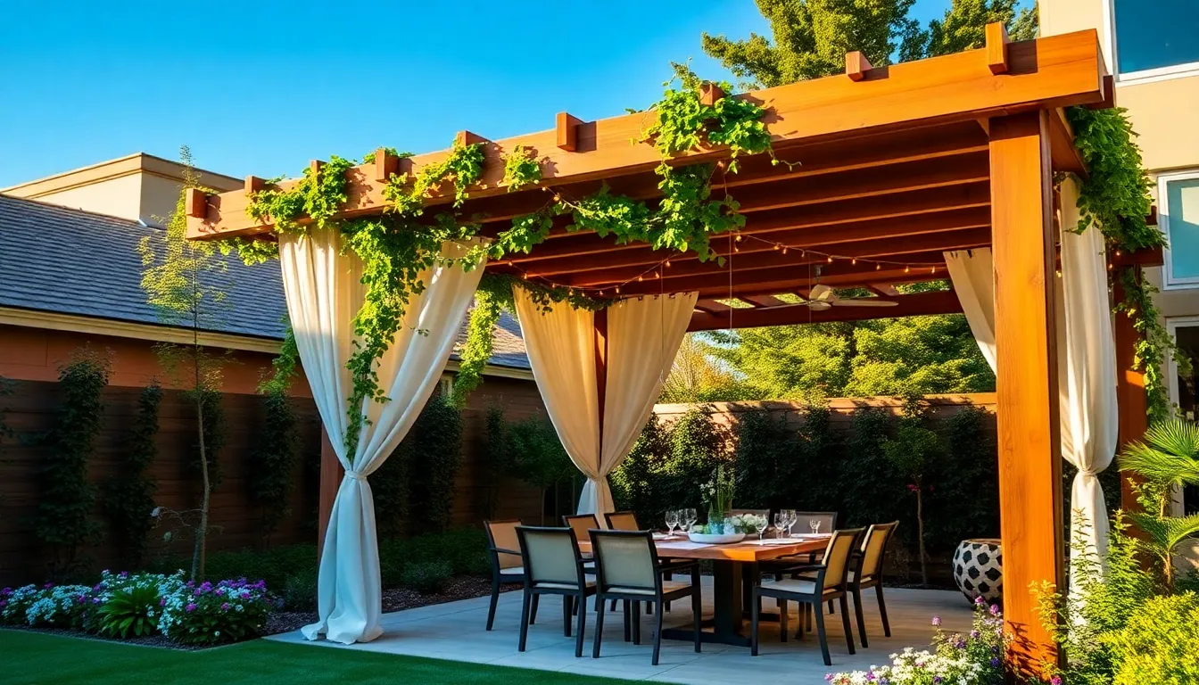 modern pergola with vines and dining area in a garden.